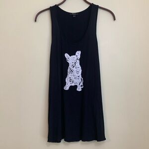 Cupio | Black Embroidered French Bull Dog Cami Tank Viscose Cotton Spandex Top L